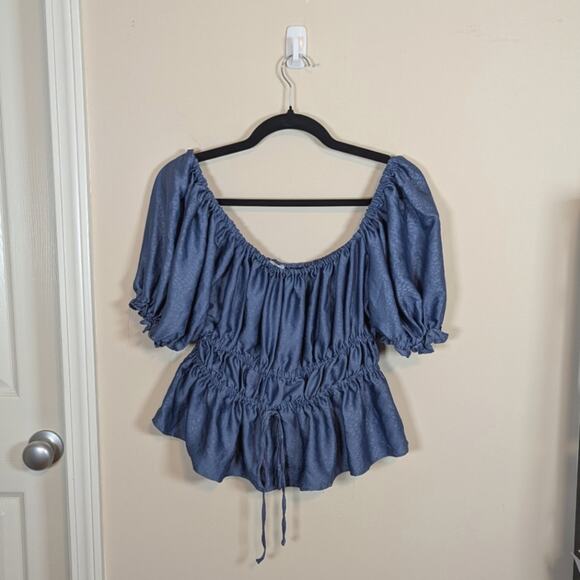 NSR Smocked Puff Sleeve Tie Front Off Shoulder Peplum Peasant Animal Print Top - Picture 1 of 7